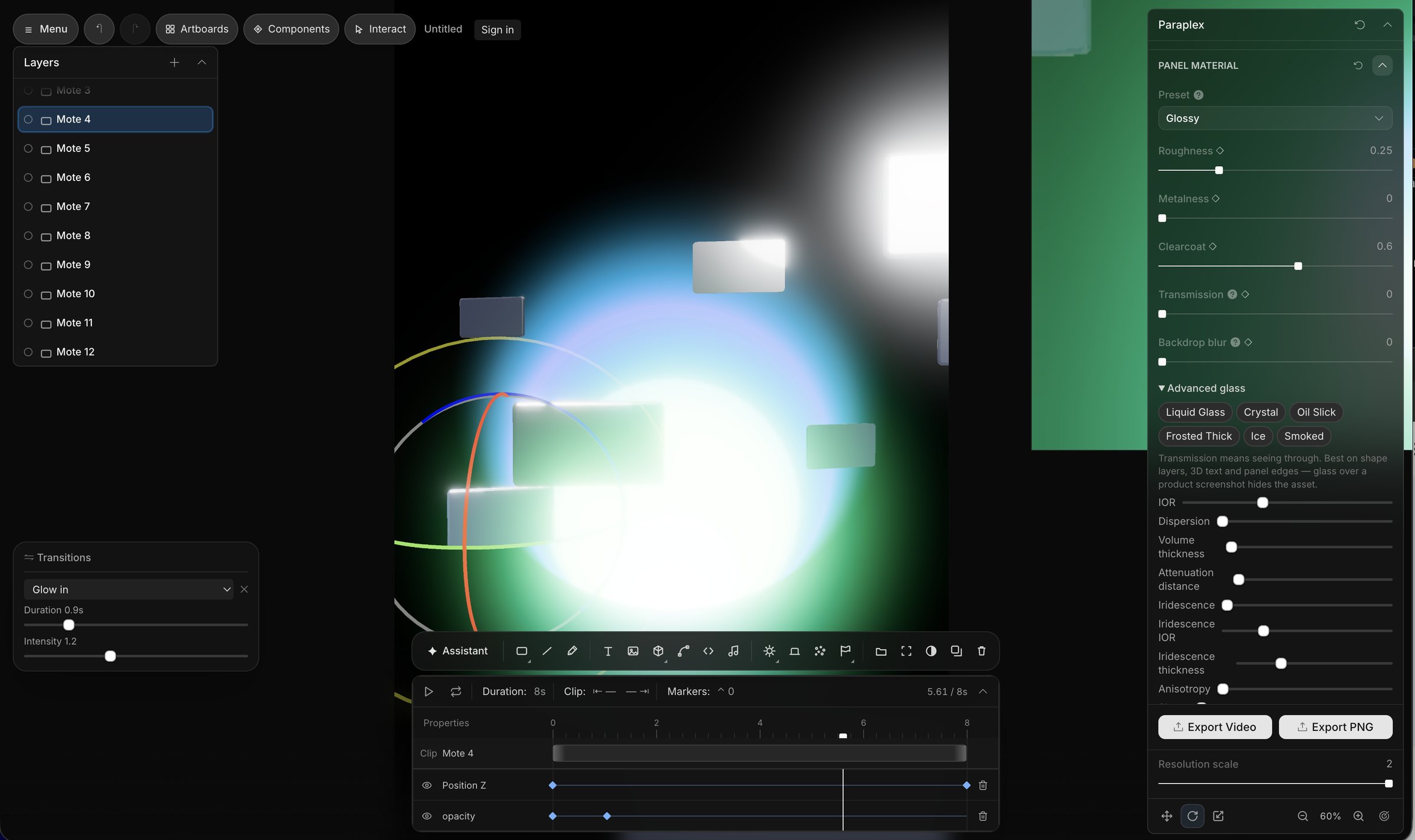 The Paraplex editor: glossy panels glowing in a scene, with the material panel open