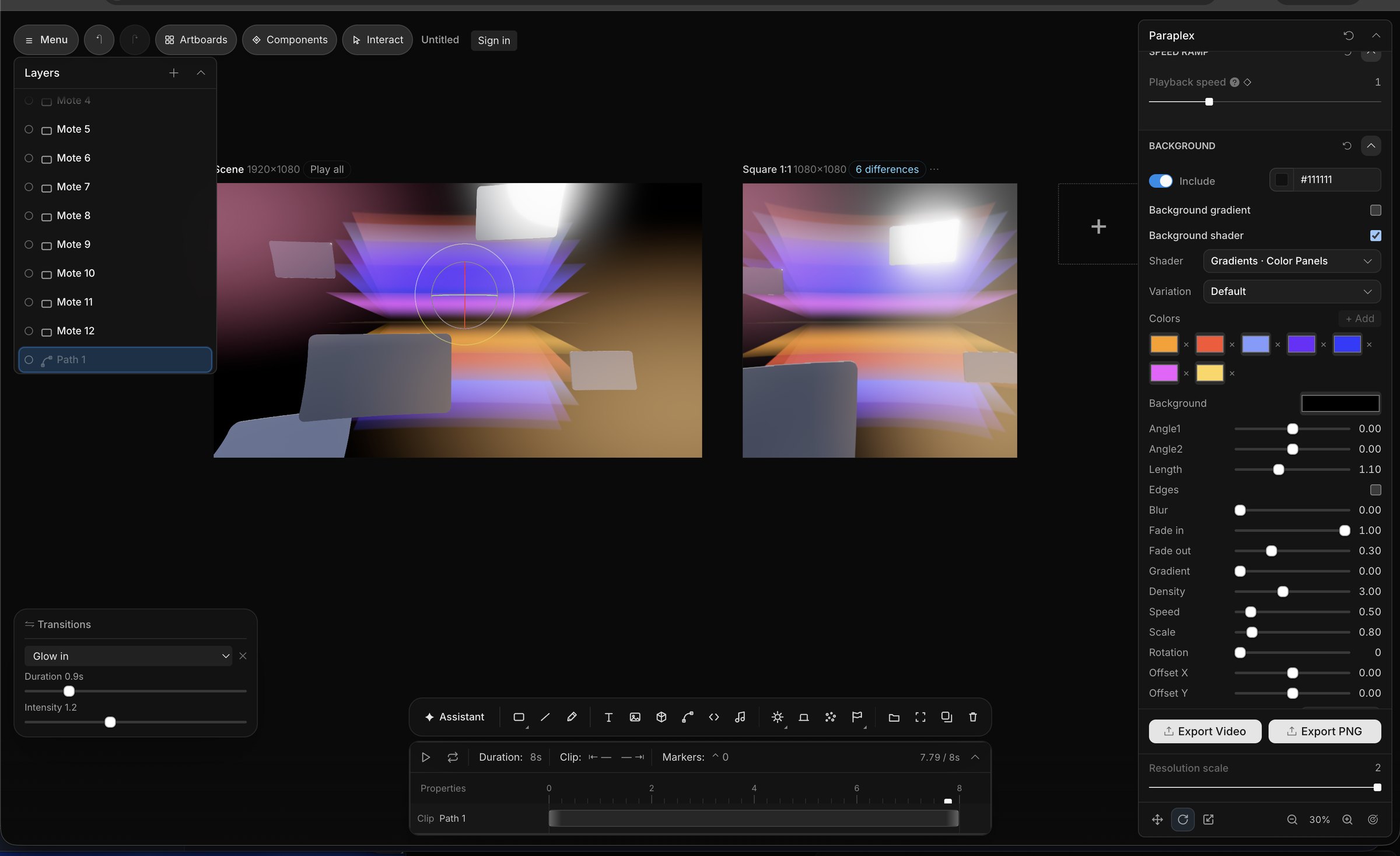 A gradient color-panels background shader with a seven-color palette and blur, density and speed controls