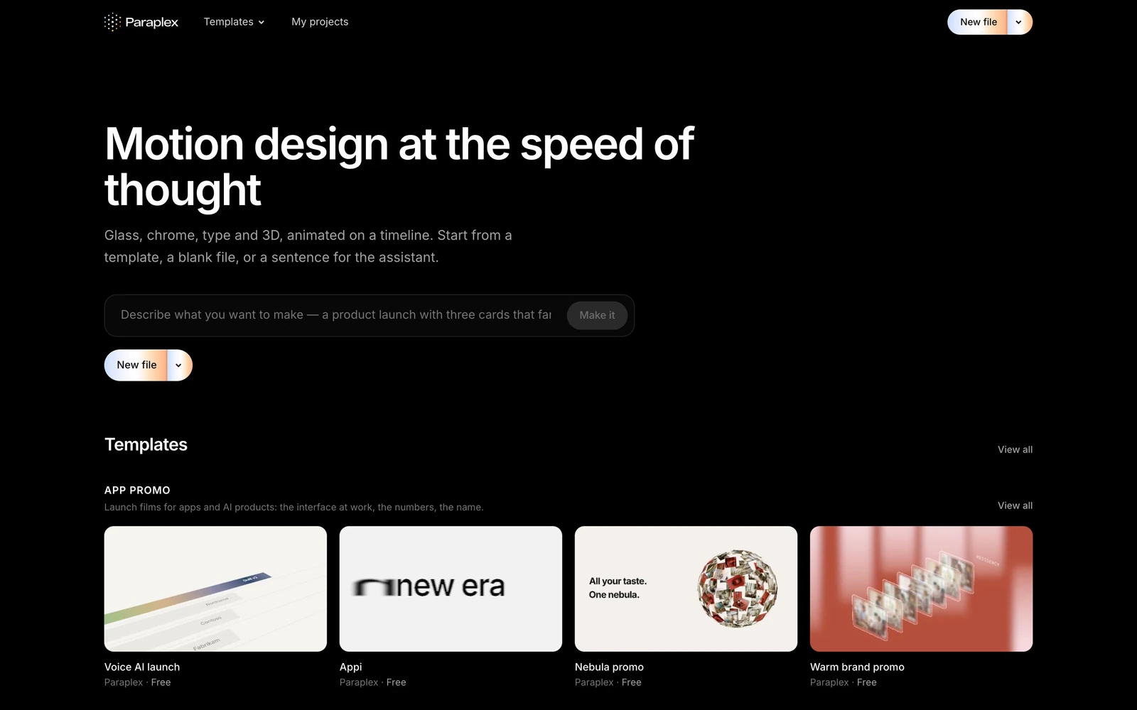 The Paraplex home page: the sentence box, New file, Recent and the first templates