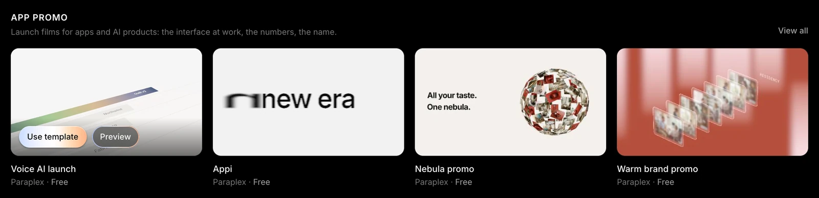 The App promo templates on the home page, one card showing Use template and Preview