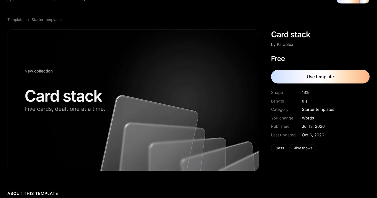 A template's page: the template large, Free, Use template, its shape and category