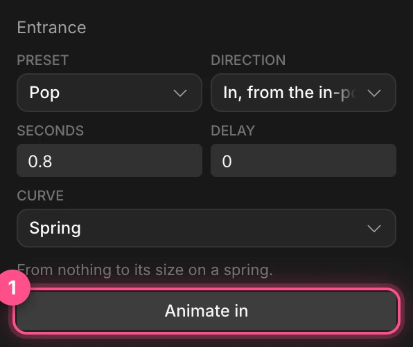 The Entrance block set to Pop, with the Animate in button highlighted