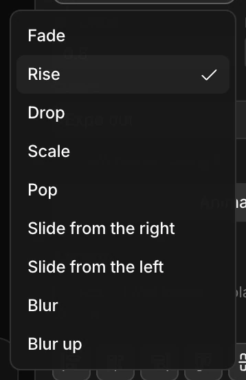 The Preset list: Fade, Rise, Drop, Scale, Pop, Slide from the right, Slide from the left, Blur and Blur up