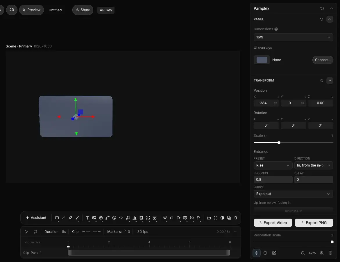 Making a first animation: clicking the Position X diamond, dragging the playhead to 2 seconds, typing a new value, then playing as the shape slides across