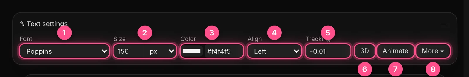 The Text settings panel with eight parts numbered
