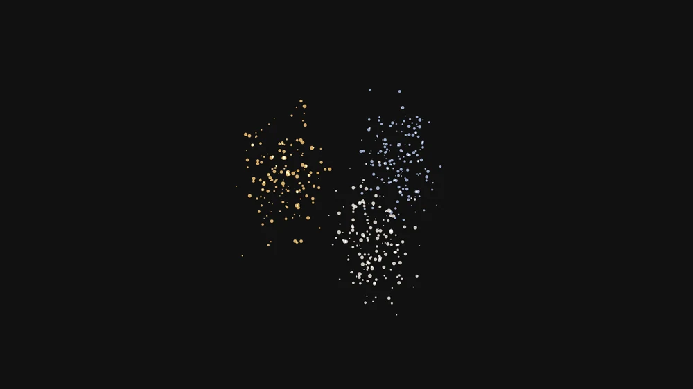 Three clusters of points from a sheet, colored by group in amber, warm white and blue