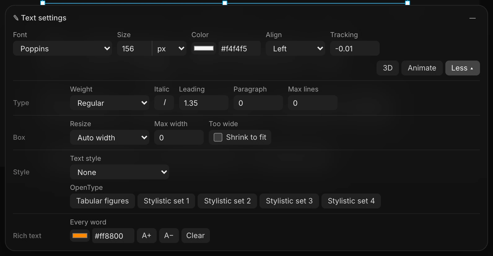 Text settings with More open: Type, Box, Style and Rich text rows