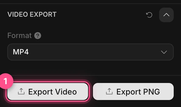The Video Export settings, Format MP4 and Resolution Current, with the Export Video button numbered