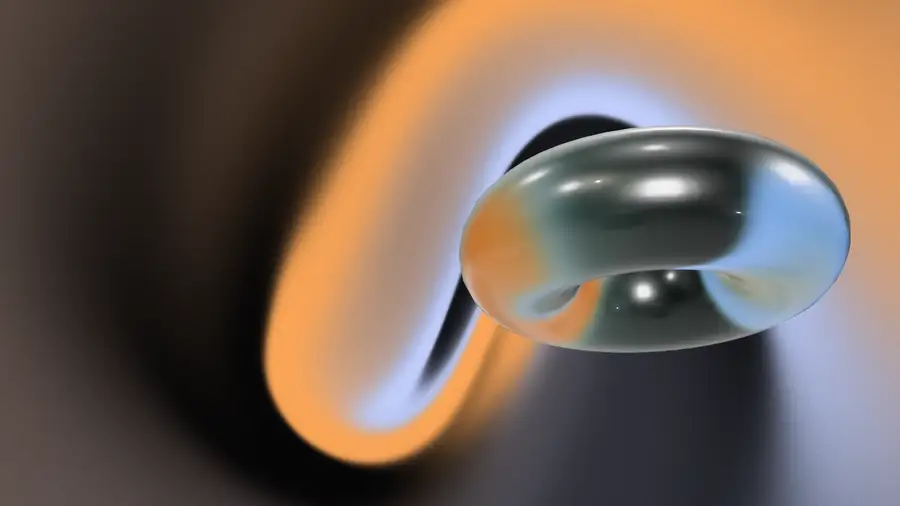 The finished loop: a glass ring tumbling over a near-black gradient lit by warm amber and cool blue, ending exactly where it began