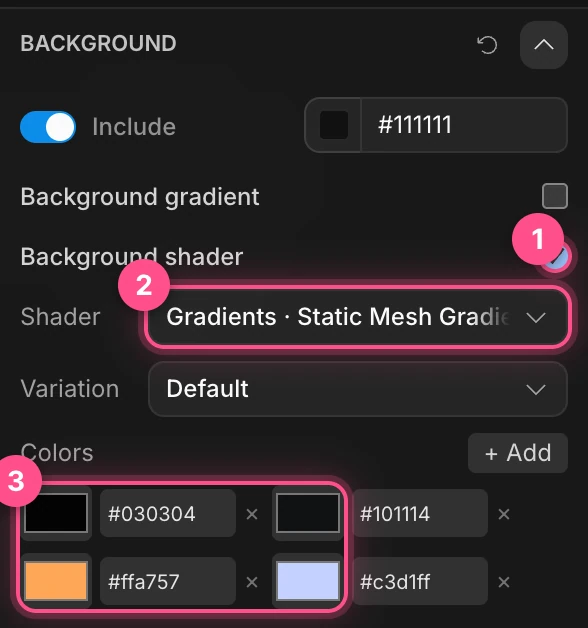 The Background section: Background shader ticked, Shader set to Static Mesh Gradient, and the four colors, numbered