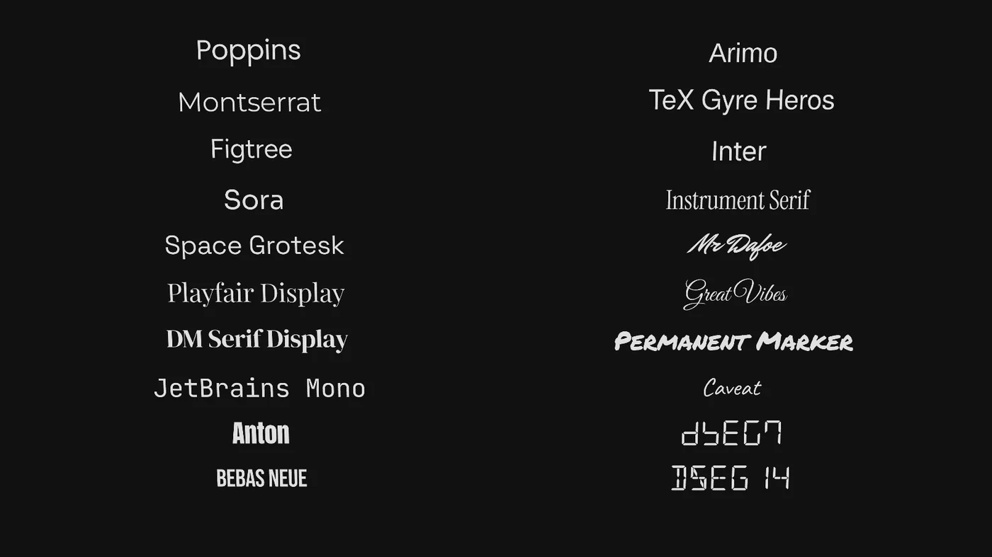 The 20 built-in fonts, each set in itself