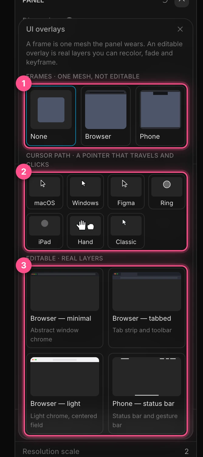 The UI overlays gallery, numbered: the one-mesh frames, the cursor styles, and the editable overlays