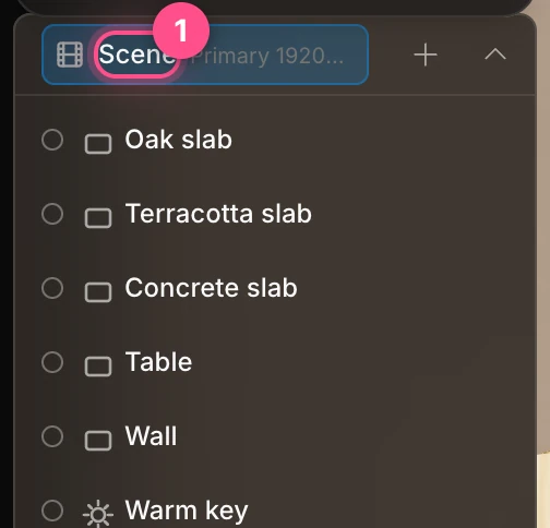 The top of the Layers panel with the Scene row selected and numbered
