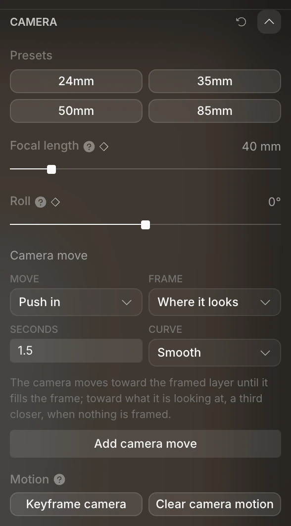 The Camera section: Presets, Focal length, Roll, the Camera move block, and Keyframe camera and Clear camera motion