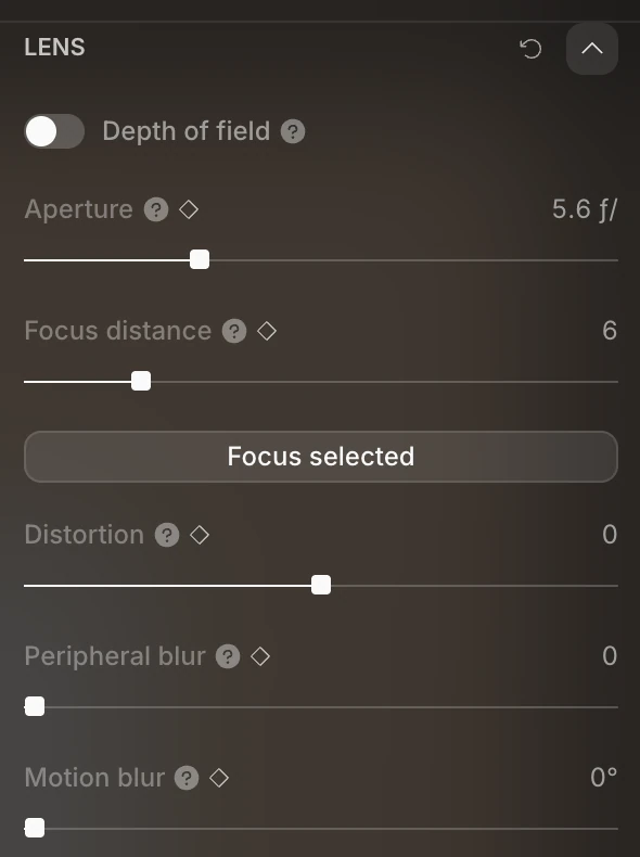 The Lens section: Depth of field, Aperture, Focus distance, Focus selected, Distortion, Peripheral blur and Motion blur