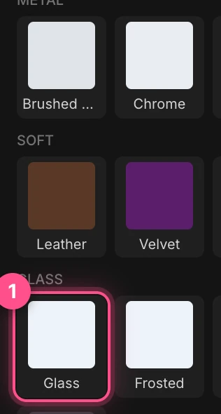 The Appearance section with the Glass look numbered