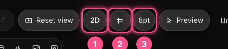 The top bar in 2D mode, with 2D, the design grid button and 8pt numbered