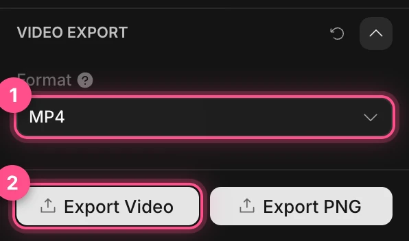 The Video Export settings with Format MP4 and the Export Video button numbered