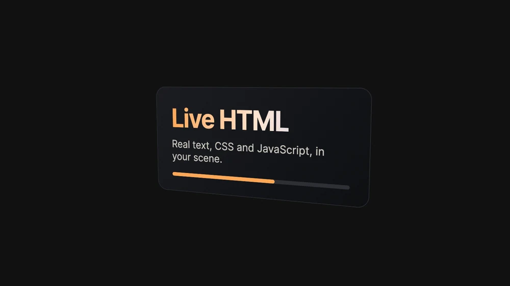A live HTML card, with a gradient heading and a filling progress bar, standing at an angle in the scene