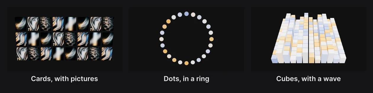 Three formations: cards with pictures in a grid, dots in a ring, and cubes rising in a wave