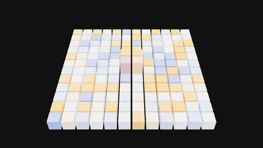 A floor of cubes with amber ripples spreading through it