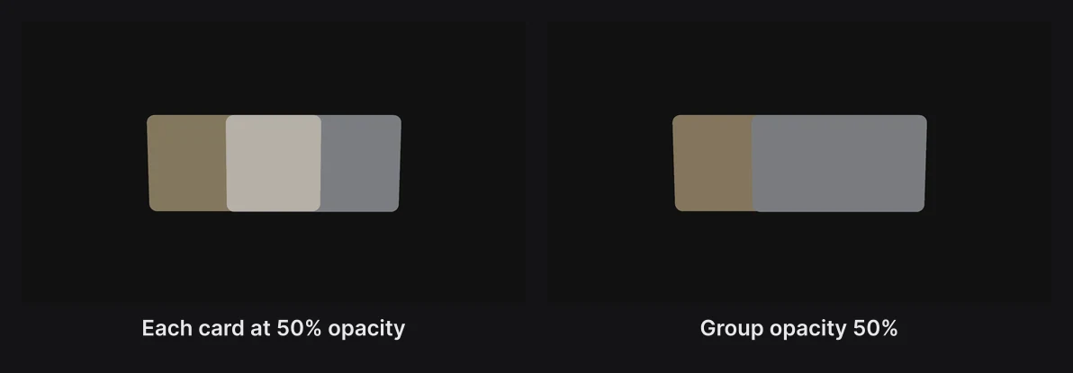 Two overlapping cards: each at 50% opacity, the overlap shows both; with Group opacity at 50%, the front card hides the back one, as one picture
