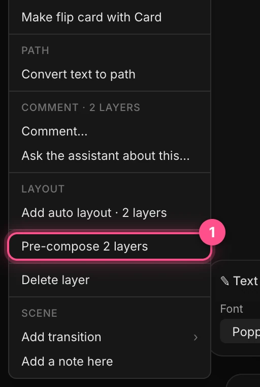 The right-click menu for two selected layers, with Pre-compose 2 layers numbered