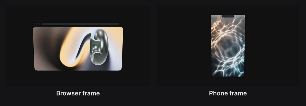 The website hero video in the Browser frame, and the caustics picture in the Phone frame