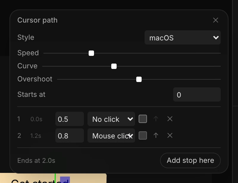 The Cursor path panel: Style, Speed, Curve, Overshoot, Starts at, and two stops with their holds, clicks and press boxes