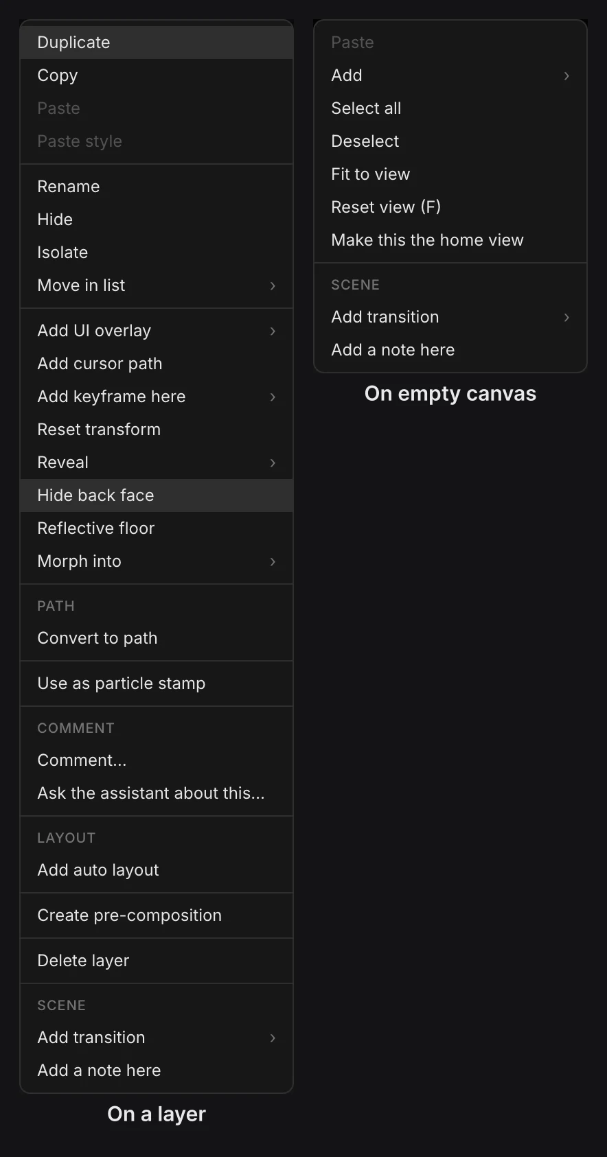 The two menus side by side: a layer's long menu, and the shorter canvas menu with Add, Select all, Fit to view, Reset view and Make this the home view