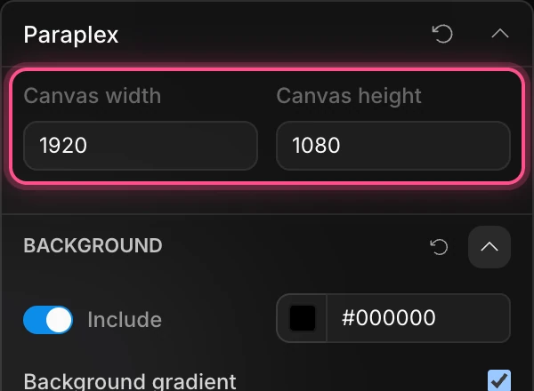 Canvas width 1920 and Canvas height 1080 at the top of the Scene's settings, highlighted