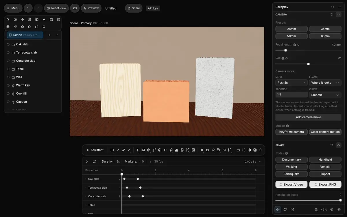 Clicking Keyframe camera at 0 seconds, moving the playhead to 3 seconds, orbiting, then playing as the camera swings between the two views