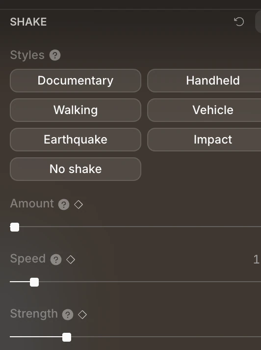 The Shake section: the Styles buttons, then Amount, Speed and Strength
