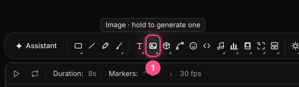 The dock with the Image button numbered, and its tooltip: Image · hold to generate one