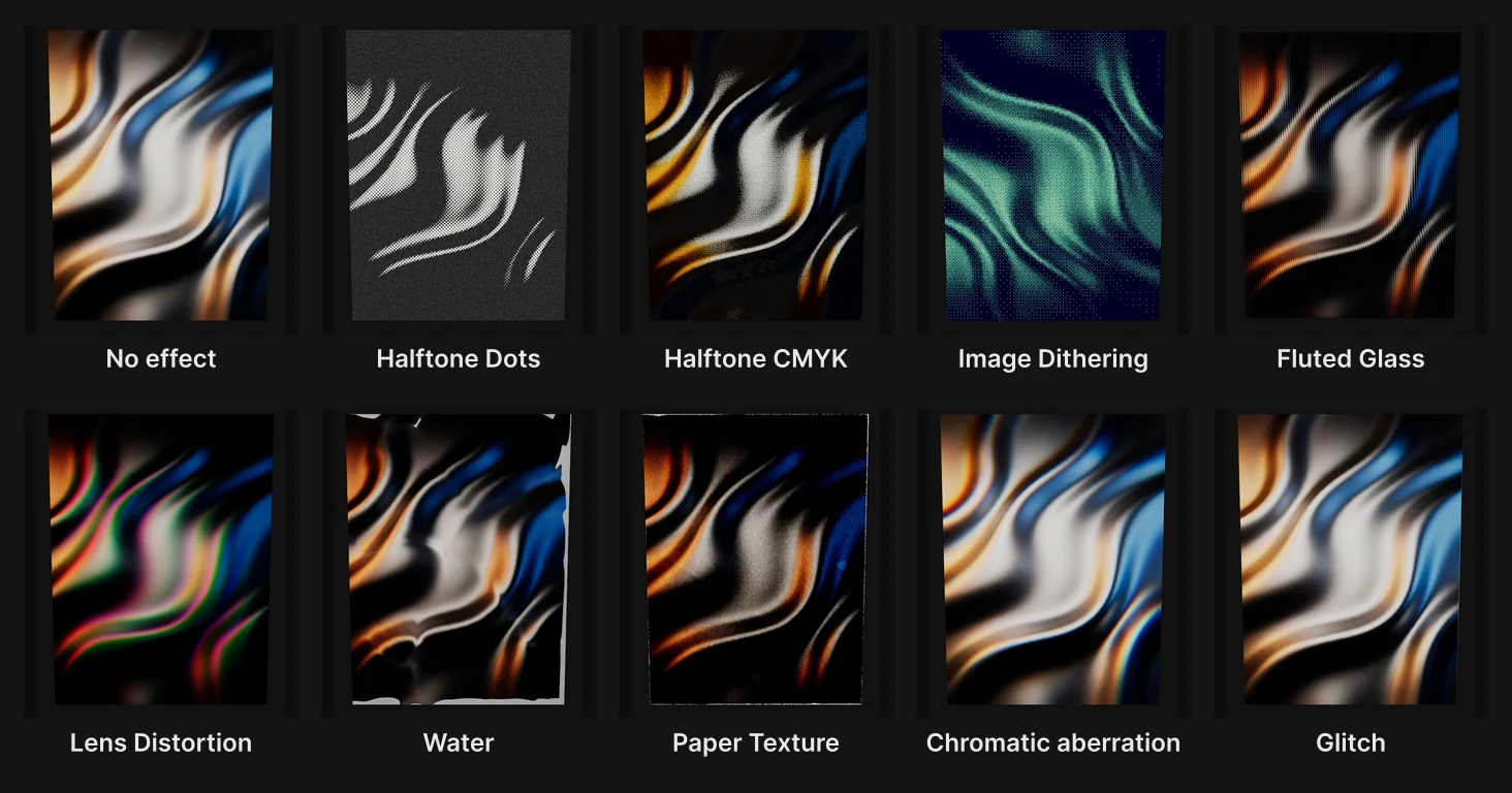 The same picture with no effect and with each of the nine image effects: Halftone Dots, Halftone CMYK, Image Dithering, Fluted Glass, Lens Distortion, Water, Paper Texture, Chromatic aberration and Glitch
