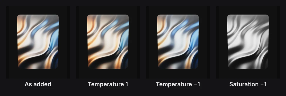 The same card as added, warmed with Temperature 1, cooled with Temperature −1, and in black and white with Saturation −1