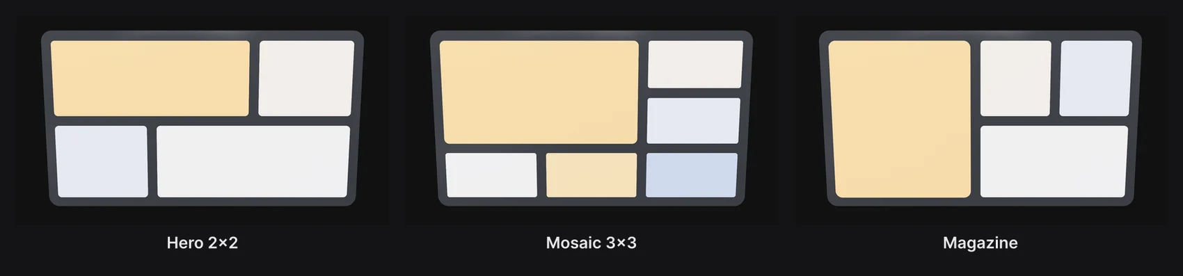 Three bentos: Hero 2×2, Mosaic 3×3 and Magazine, their cells in amber, warm white and soft blue