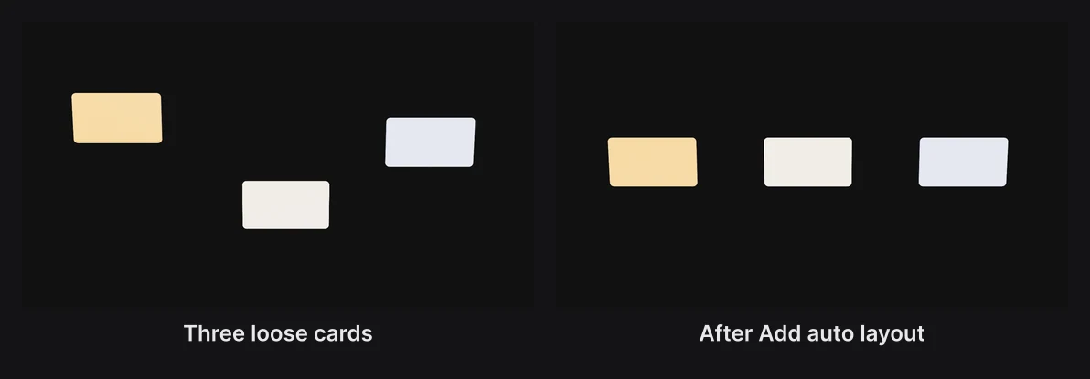 Three cards scattered across the frame, then the same three in a neat row after Add auto layout