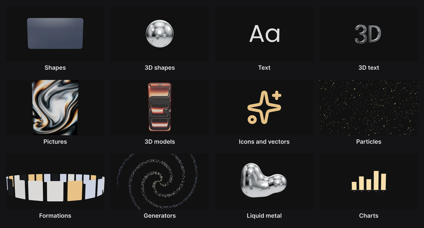 Twelve layer types: shapes, 3D shapes, text, 3D text, pictures, 3D models, icons, particles, formations, generators, liquid metal and charts
