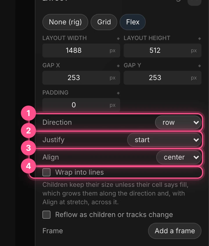 The Flex settings: Direction, Justify, Align and Wrap into lines, numbered
