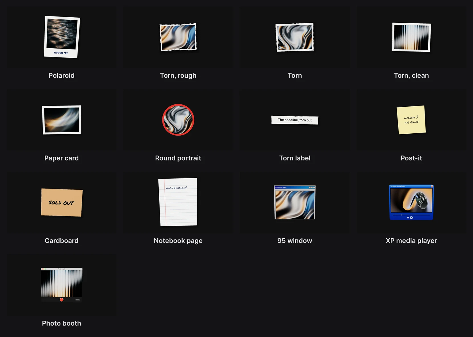 Thirteen media frames, each holding an abstract picture or a few written words