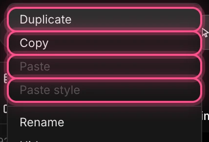A layer's right-click menu with Duplicate, Copy, Paste and Paste style highlighted