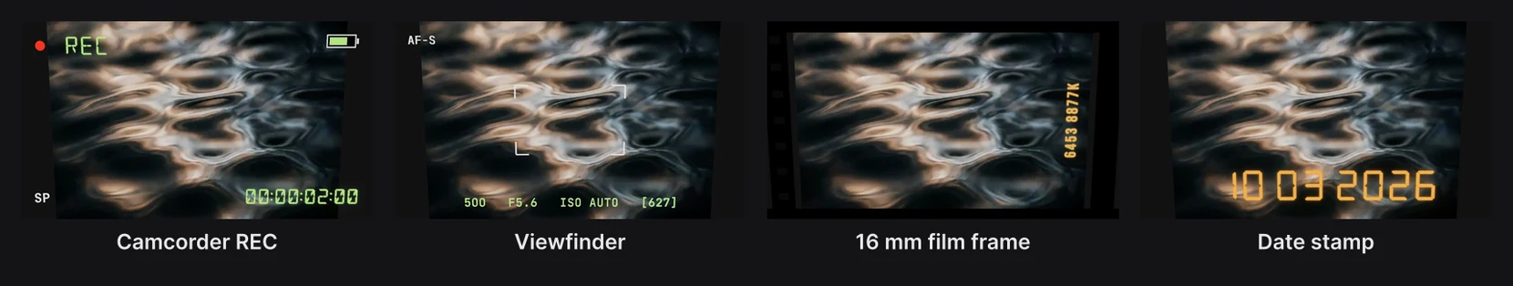 Four HUDs over an abstract picture: Camcorder REC, Viewfinder, 16 mm film frame and Date stamp