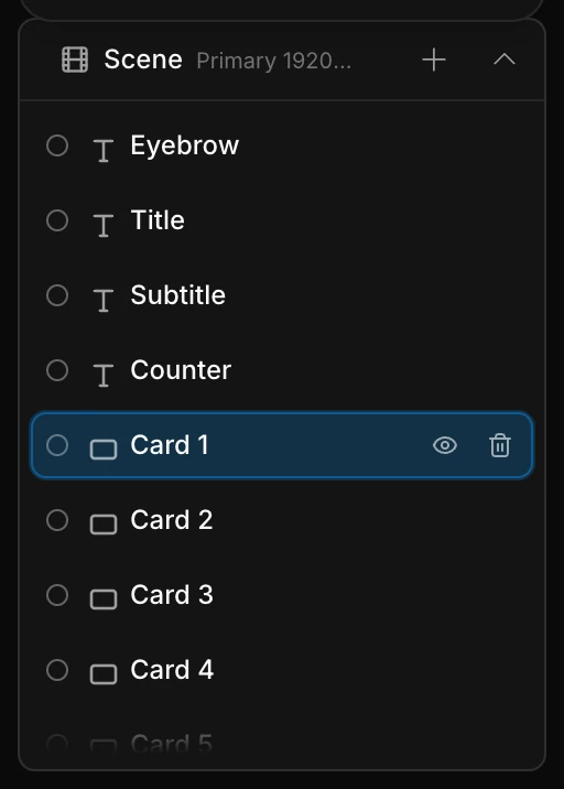 The Layers panel listing a scene's text and card layers, with one card selected