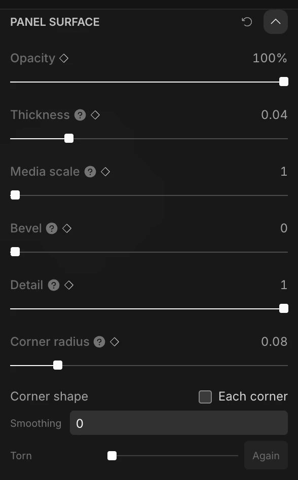 The Panel Surface section: Opacity, Thickness, Media scale, Bevel, Detail, Corner radius, and Corner shape with Each corner, Smoothing and Torn
