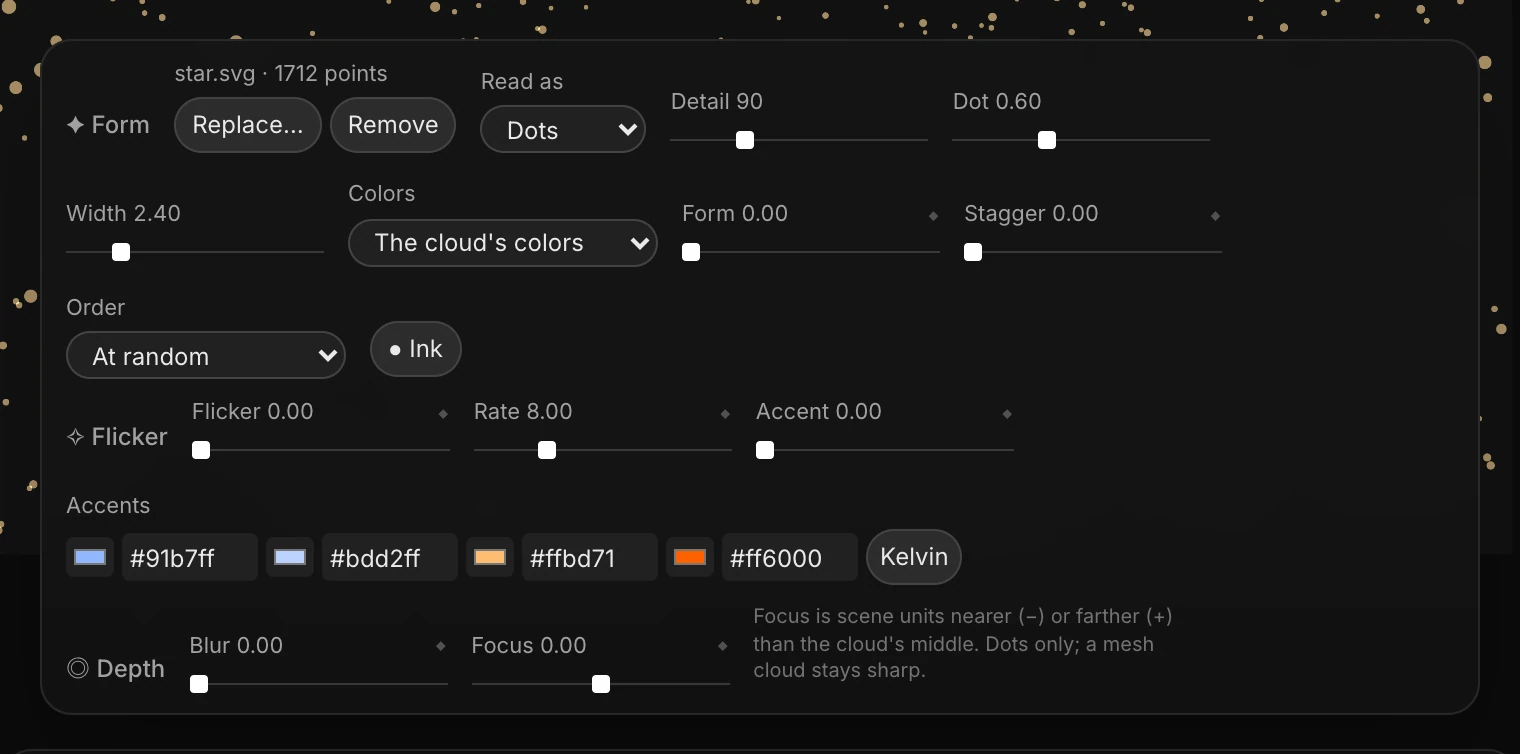 The Form panel with star.svg loaded: Read as, Detail, Dot, Width, Colors, Form, Stagger, Order and Ink, then the Flicker and Depth rows