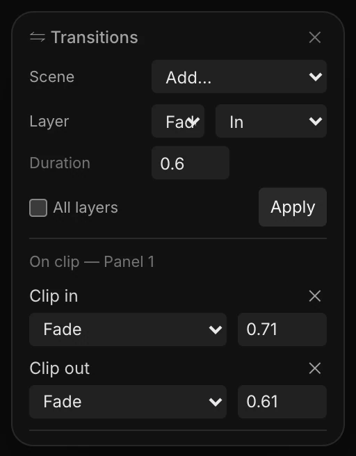 The Transitions panel with a Clip in fade of 0.71 seconds and a Clip out fade of 0.61 seconds