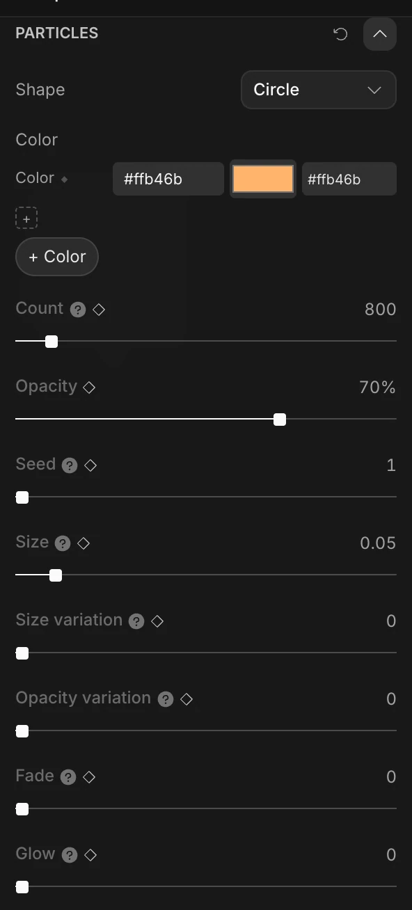 The Particles section: Shape, Color, Count, Opacity, Seed, Size, Size variation, Opacity variation, Fade and Glow