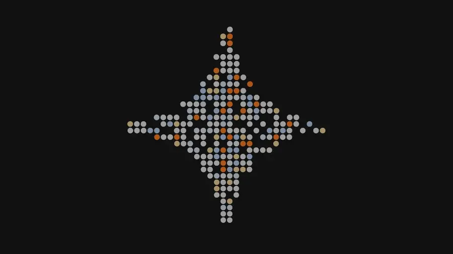 The formed star as large dots, some blinking off, some in amber, orange and blue accents