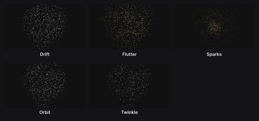 Five clouds moving five ways: Drift, Flutter, Sparks, Orbit and Twinkle